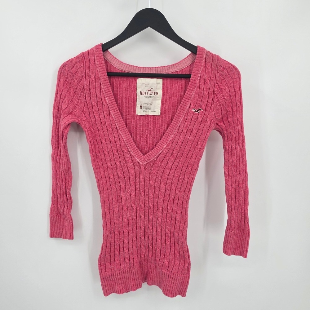 Y2K Hollister Pink Cable Knit Deep V Neck Cotton Sweater M Slim Fit Logo Preppy
